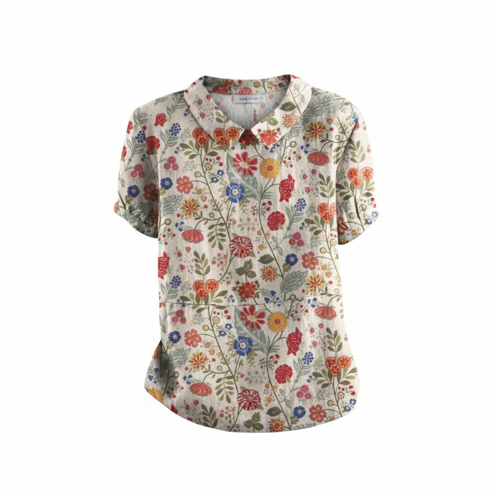 Dames Blouse Korte Mouw met Kraag en Bloemenprint