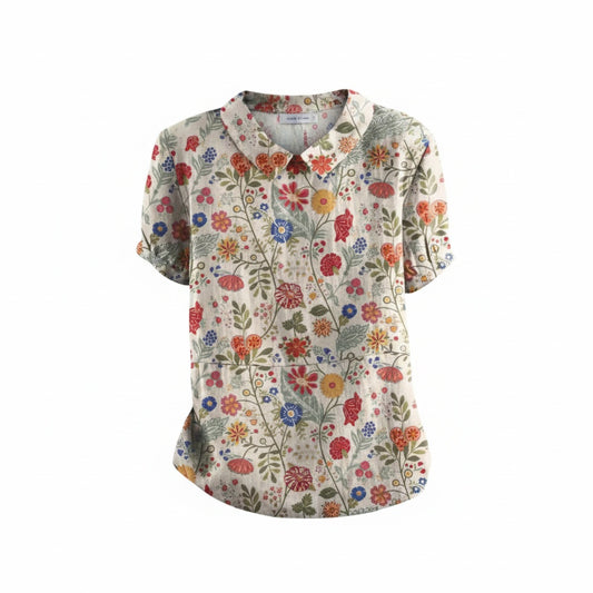 Dames Blouse Korte Mouw met Kraag en Bloemenprint