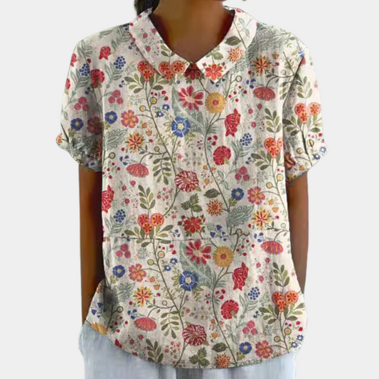 Dames Blouse Korte Mouw met Kraag en Bloemenprint Crème