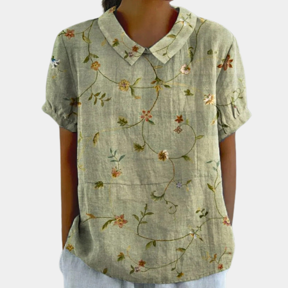 Dames Blouse Korte Mouw met Kraag en Bloemenprint Groen