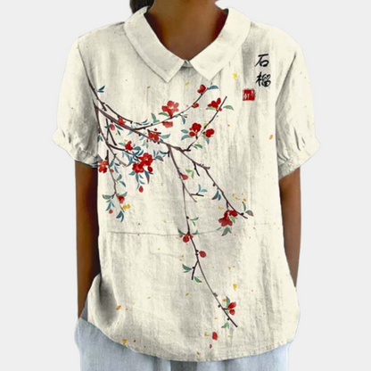 Dames Blouse Korte Mouw met Kraag en Bloemenprint Wit