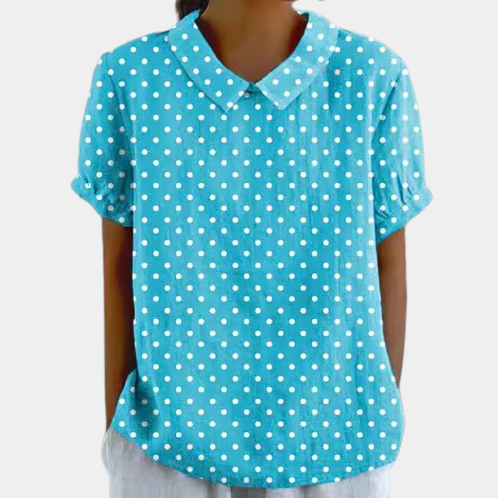 Dames Blouse Korte Mouw met Kraag en Bloemenprint Lichtblauw