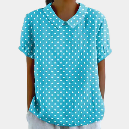 Dames Blouse Korte Mouw met Kraag en Bloemenprint Lichtblauw