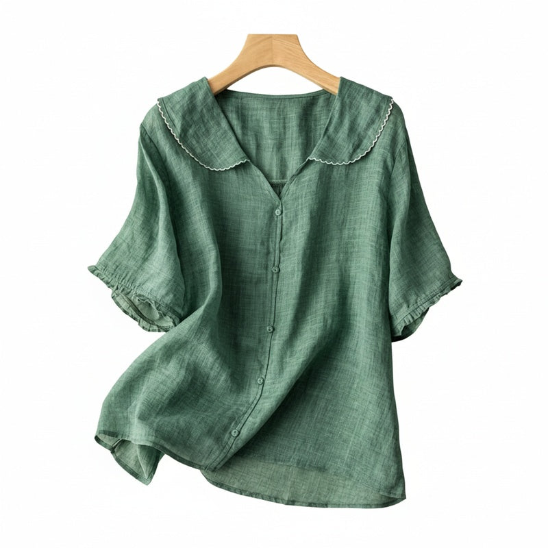 Dames Blouse Korte Mouw met Peter Pan Kraag en Knoopsluiting