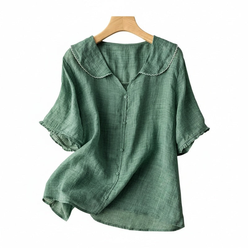 Dames Blouse Korte Mouw met Peter Pan Kraag en Knoopsluiting