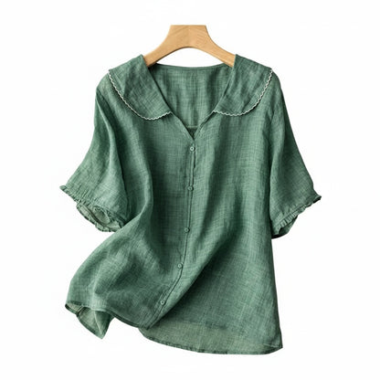 Dames Blouse Korte Mouw met Peter Pan Kraag en Knoopsluiting