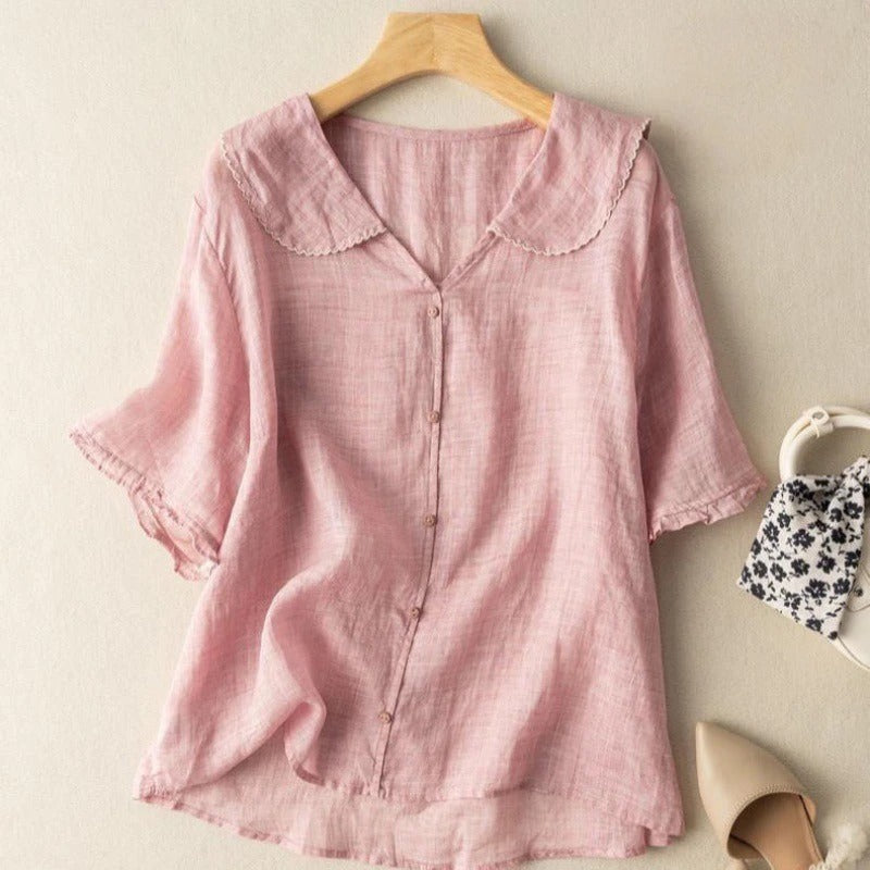 Dames Blouse Korte Mouw met Peter Pan Kraag en Knoopsluiting Roze