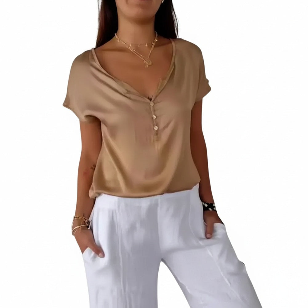 Dames Blouse Korte Mouw met V-hals en Knoopsluiting