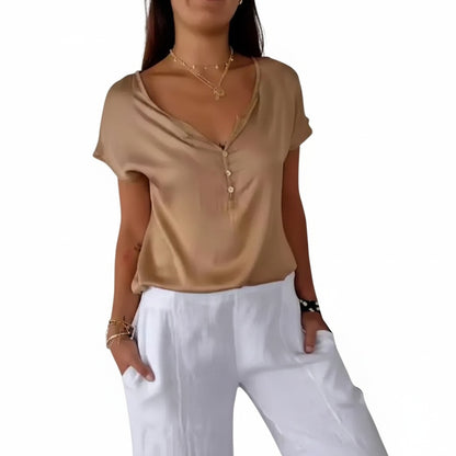 Dames Blouse Korte Mouw met V-hals en Knoopsluiting