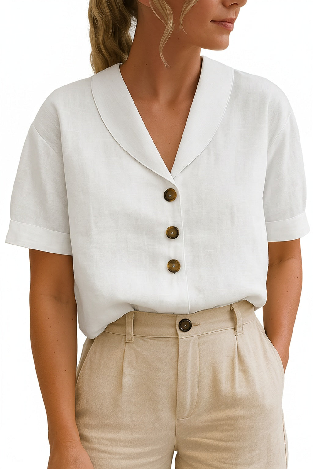 Dames Blouse Korte Mouw met V-hals en Knoopsluiting