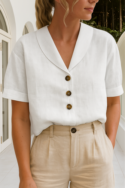 Dames Blouse Korte Mouw met V-hals en Knoopsluiting