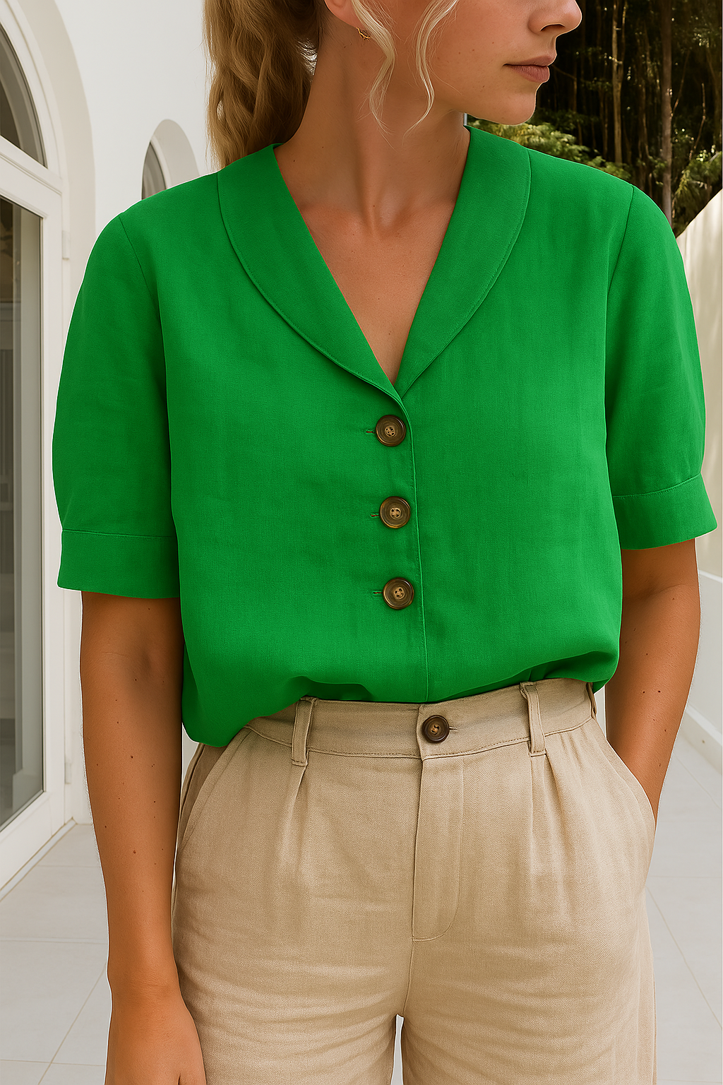 Dames Blouse Korte Mouw met V-hals en Knoopsluiting
