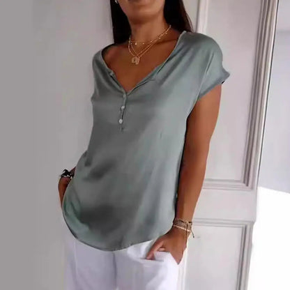 Dames Blouse Korte Mouw met V-hals en Knoopsluiting Groen