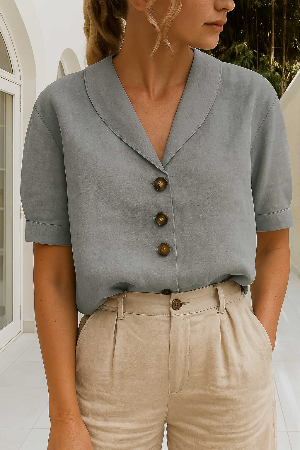 Dames Blouse Korte Mouw met V-hals en Knoopsluiting