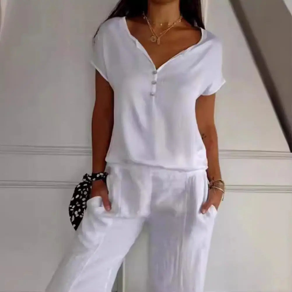 Dames Blouse Korte Mouw met V-hals en Knoopsluiting Wit