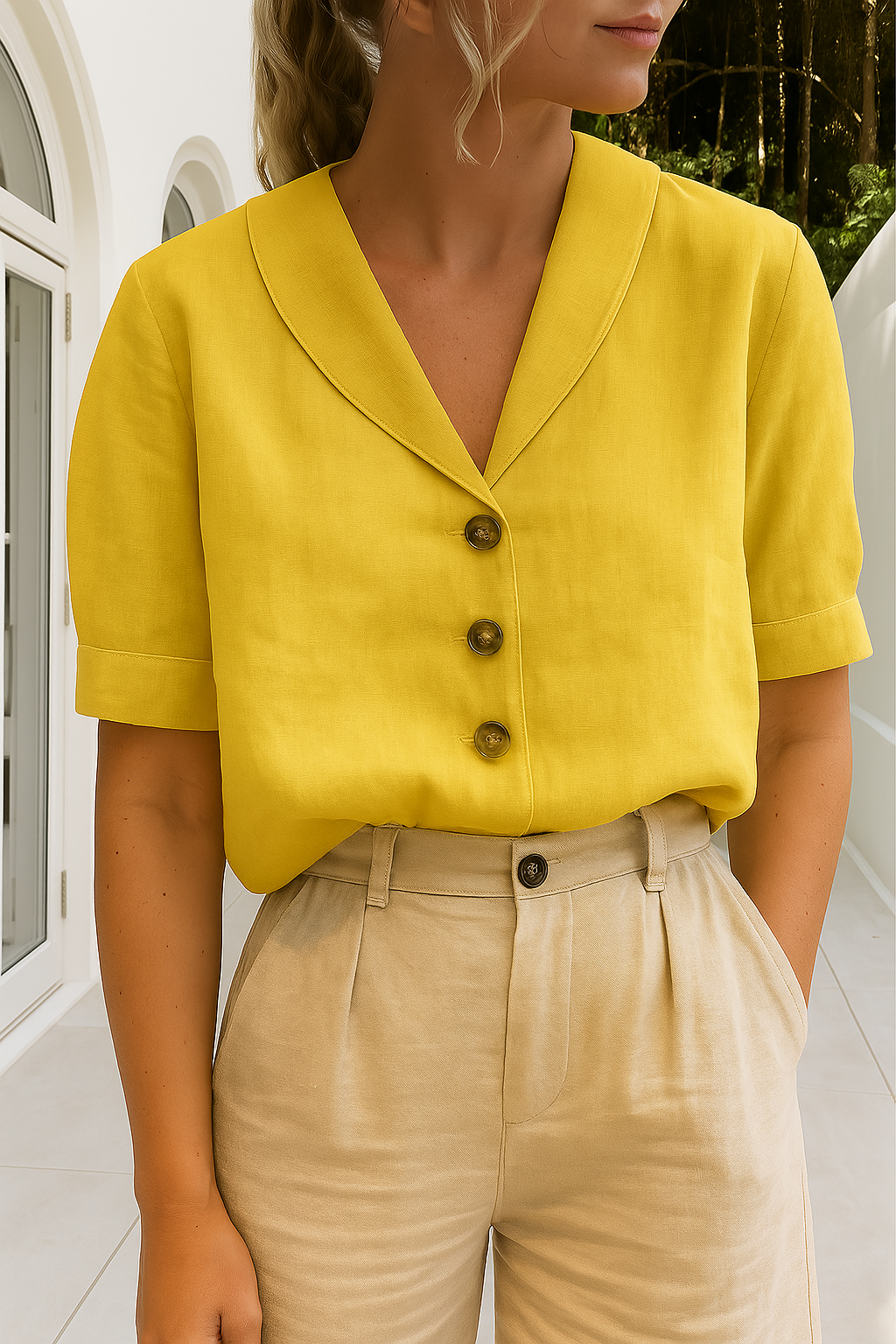 Dames Blouse Korte Mouw met V-hals en Knoopsluiting