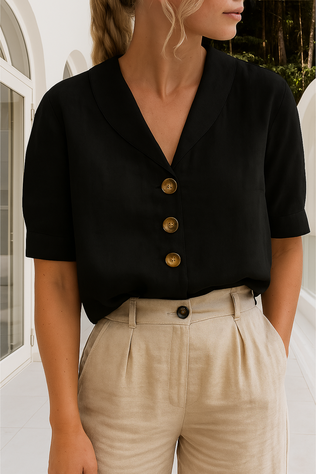 Dames Blouse Korte Mouw met V-hals en Knoopsluiting