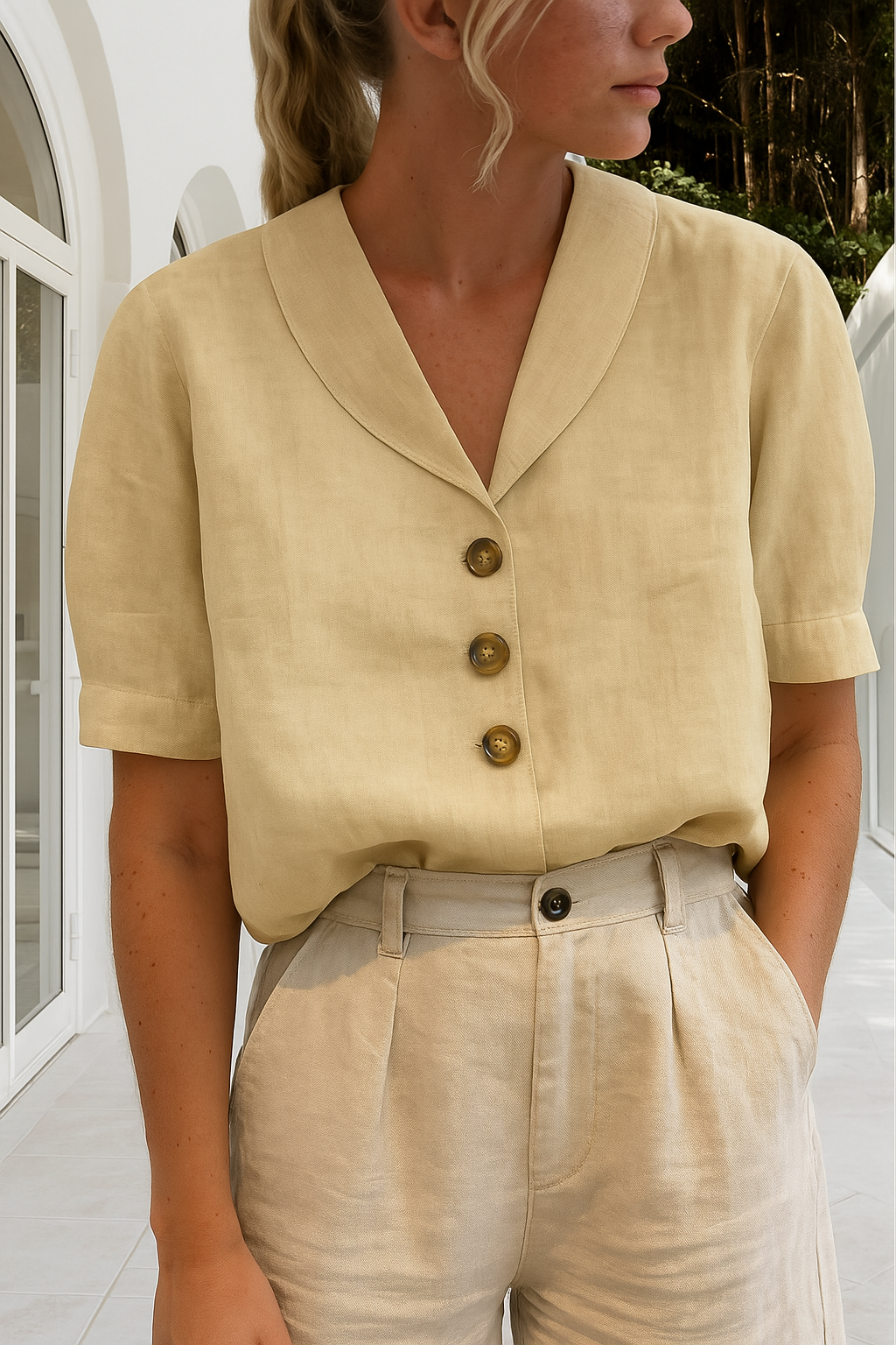 Dames Blouse Korte Mouw met V-hals en Knoopsluiting