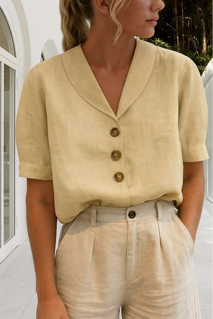 Dames Blouse Korte Mouw met V-hals en Knoopsluiting