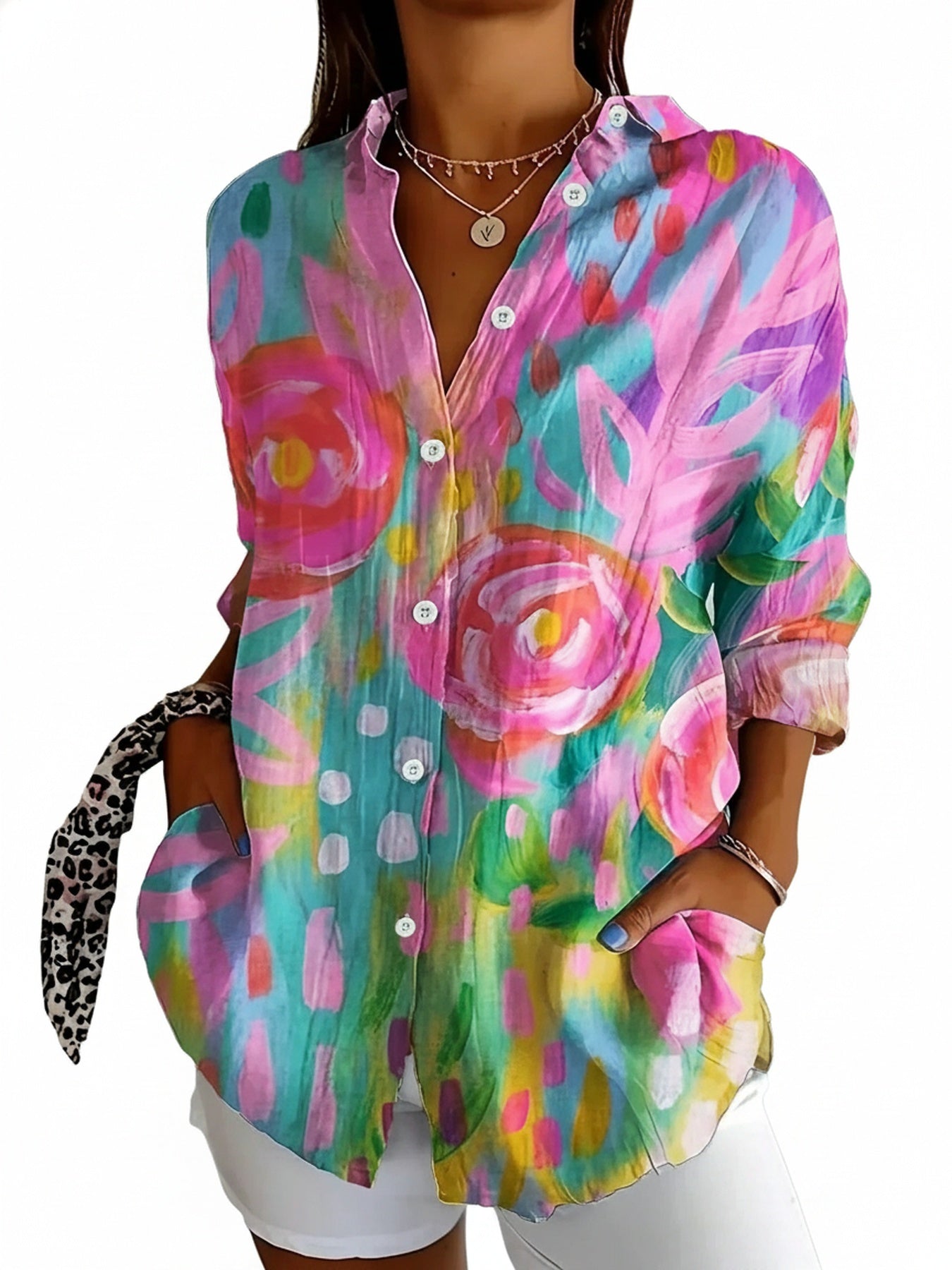 Dames Blouse Lange Mouw met Bloemenprint en Knoopsluiting