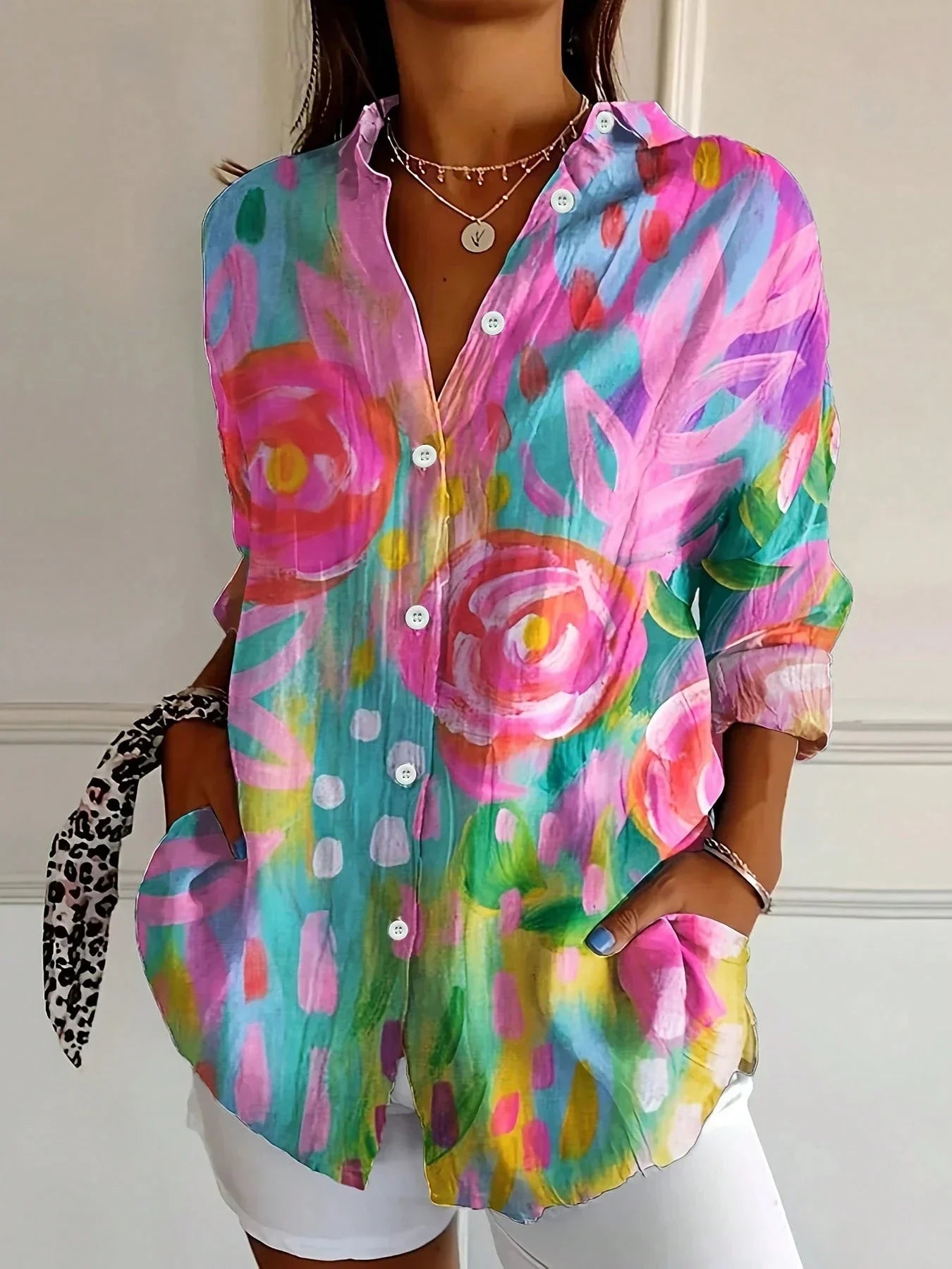 Dames Blouse Lange Mouw met Bloemenprint en Knoopsluiting