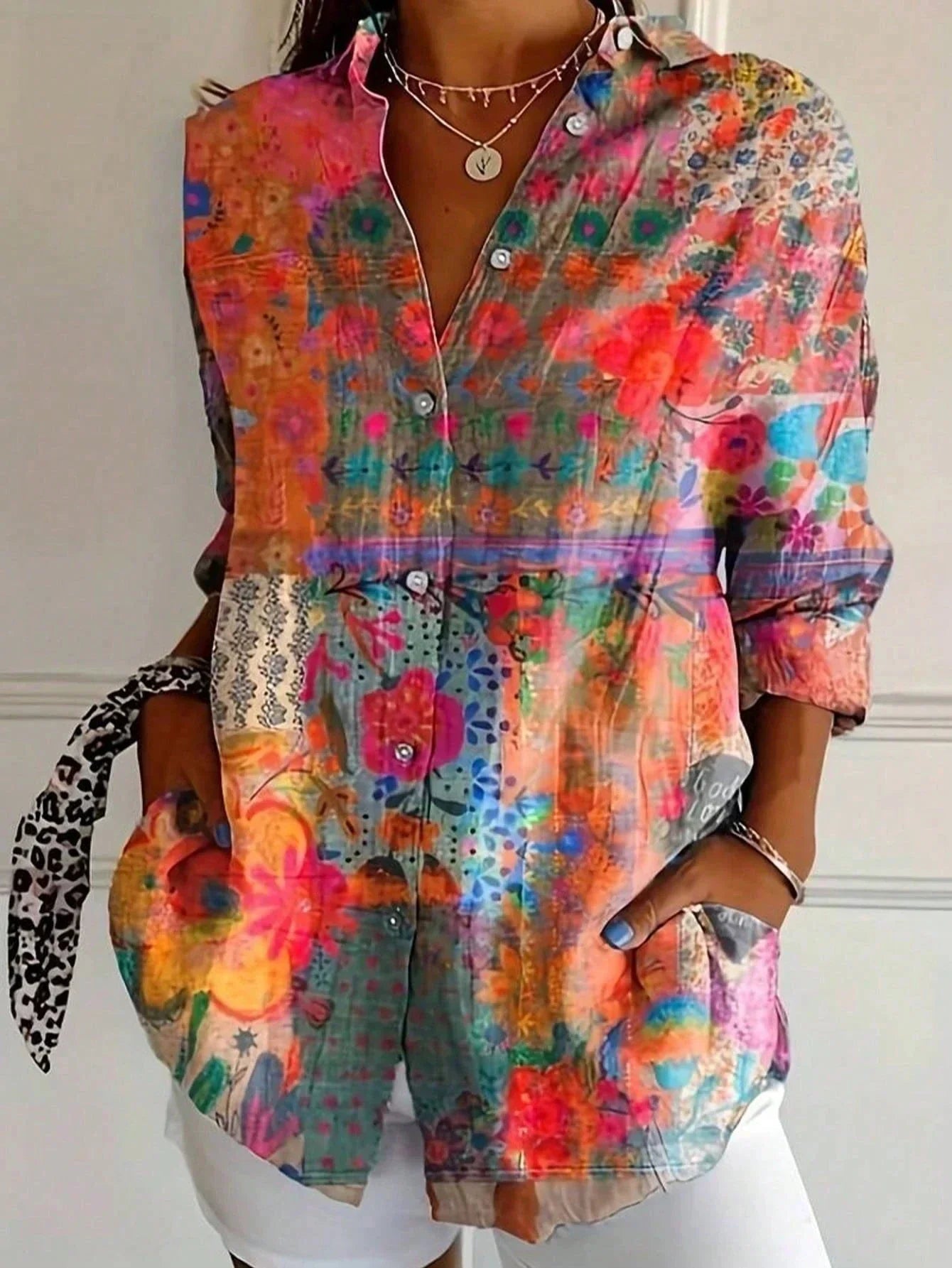 Dames Blouse Lange Mouw met Bloemenprint en Knoopsluiting
