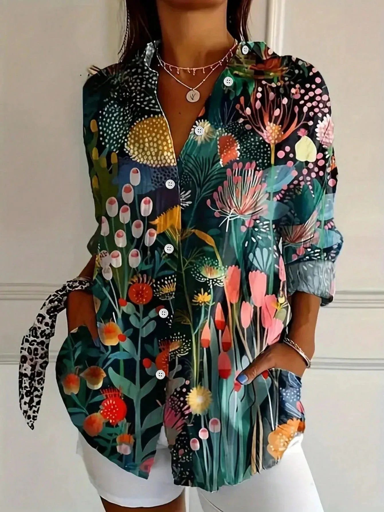 Dames Blouse Lange Mouw met Bloemenprint en Knoopsluiting