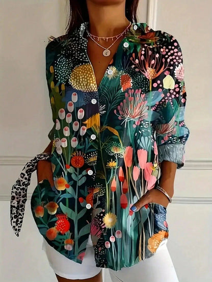 Dames Blouse Lange Mouw met Bloemenprint en Knoopsluiting