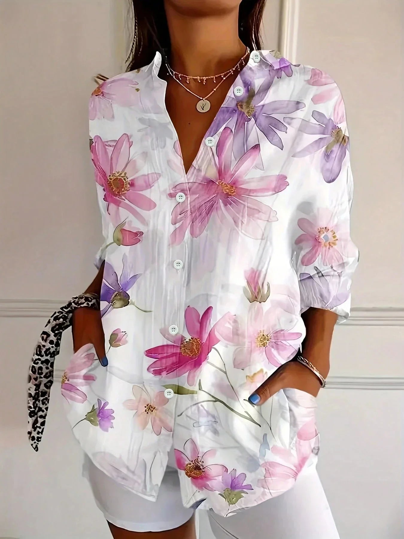 Dames Blouse Lange Mouw met Bloemenprint en Knoopsluiting