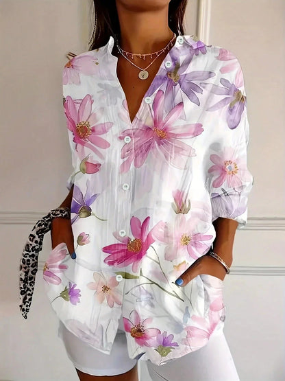 Dames Blouse Lange Mouw met Bloemenprint en Knoopsluiting