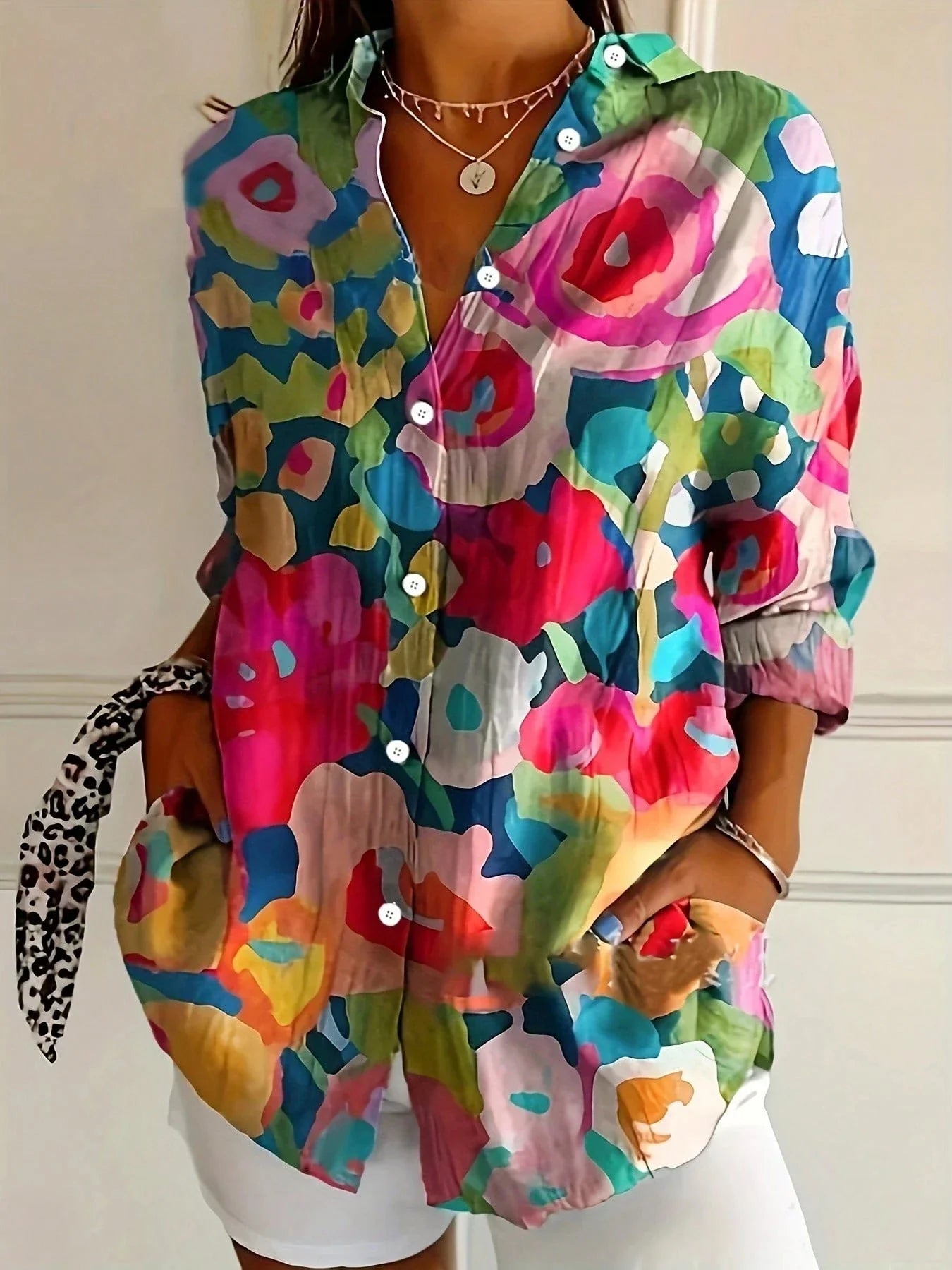 Dames Blouse Lange Mouw met Bloemenprint en Knoopsluiting