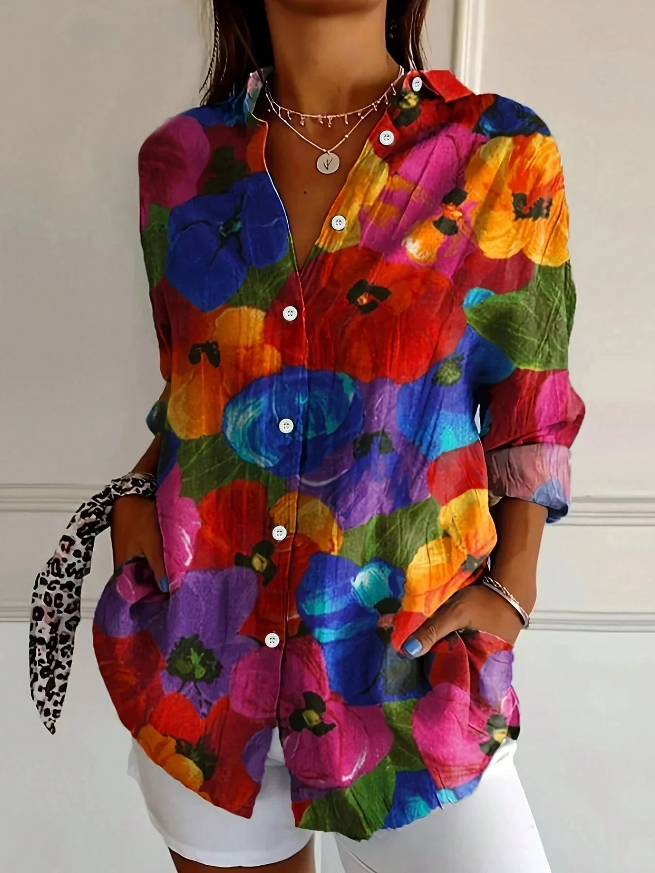 Dames Blouse Lange Mouw met Bloemenprint en Knoopsluiting