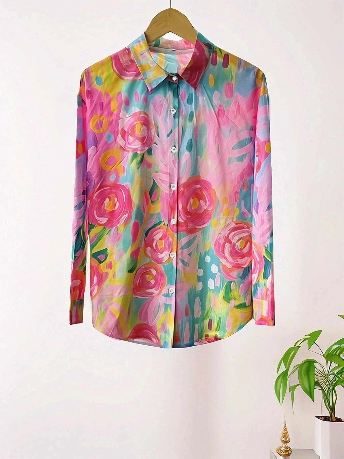 Dames Blouse Lange Mouw met Bloemenprint en Knoopsluiting