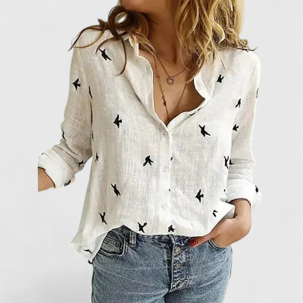Dames Blouse Lange Mouw met Golvende Revers en Knoopsluiting Wit Zwart