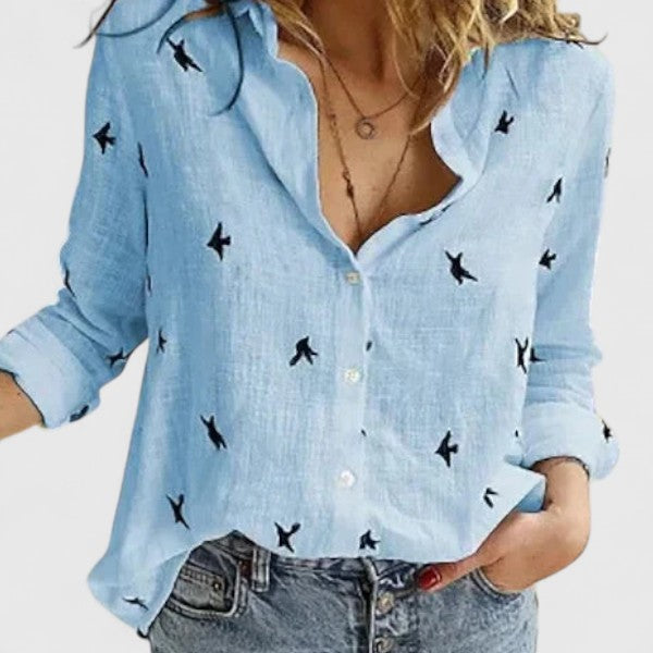 Dames Blouse Lange Mouw met Golvende Revers en Knoopsluiting Lichtblauw