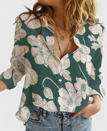 Dames Blouse Lange Mouw met Golvende Revers en Knoopsluiting Groen