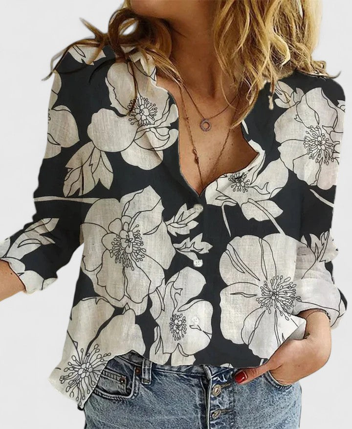 Dames Blouse Lange Mouw met Golvende Revers en Knoopsluiting Zwart Wit