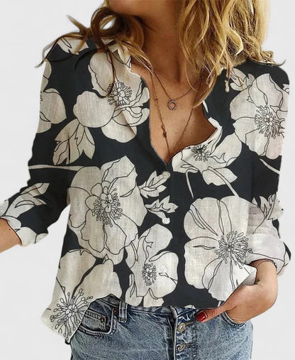 Dames Blouse Lange Mouw met Golvende Revers en Knoopsluiting Zwart Wit