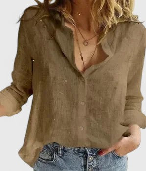 Dames Blouse Lange Mouw met Golvende Revers en Knoopsluiting Bruin