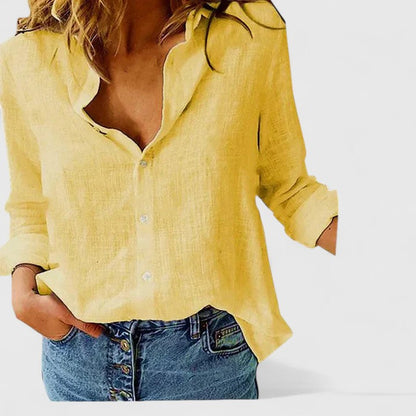 Dames Blouse Lange Mouw met Golvende Revers en Knoopsluiting Geel