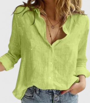 Dames Blouse Lange Mouw met Golvende Revers en Knoopsluiting Lichtgroen