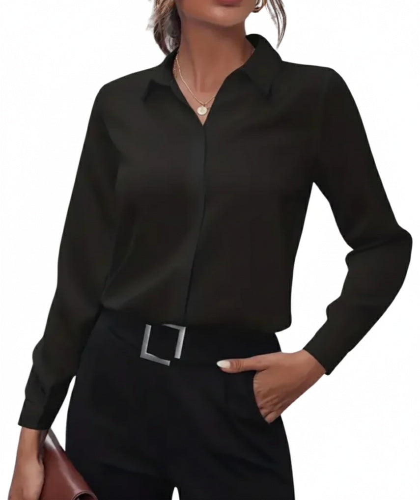 Dames Blouse Lange Mouw met Klassieke Kraag en Verborgen Knoopsluiting