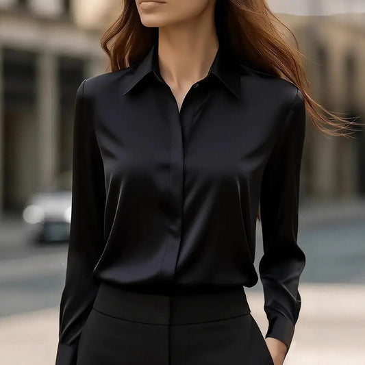 Dames Blouse Lange Mouw met Klassieke Kraag en Verborgen Knoopsluiting Zwart