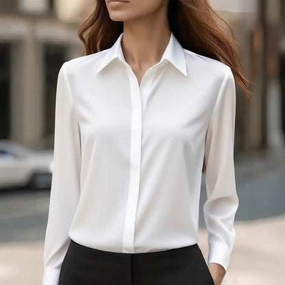 Dames Blouse Lange Mouw met Klassieke Kraag en Verborgen Knoopsluiting Wit