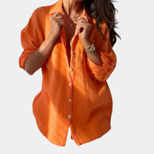 Dames Blouse Lange Mouw met Knoopsluiting en Klassieke Kraag Oranje