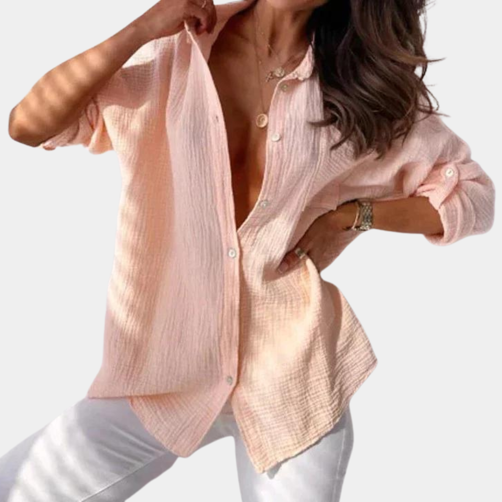 Dames Blouse Lange Mouw met Knoopsluiting en Klassieke Kraag Roze