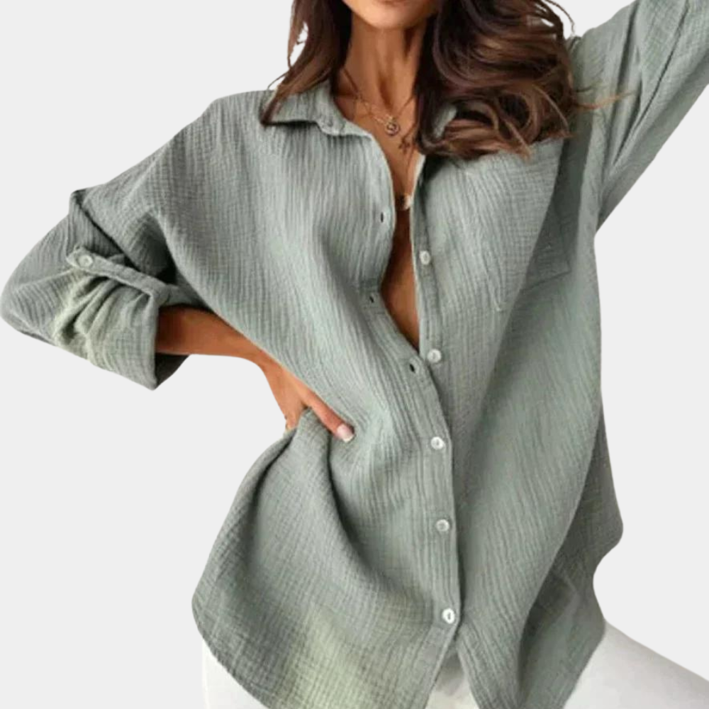 Dames Blouse Lange Mouw met Knoopsluiting en Klassieke Kraag Grijs