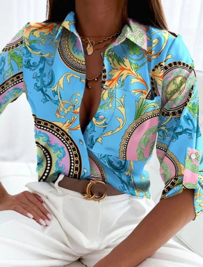 Dames Blouse Lange Mouw met Omgeslagen Kraag en Print Blauw geometrisch