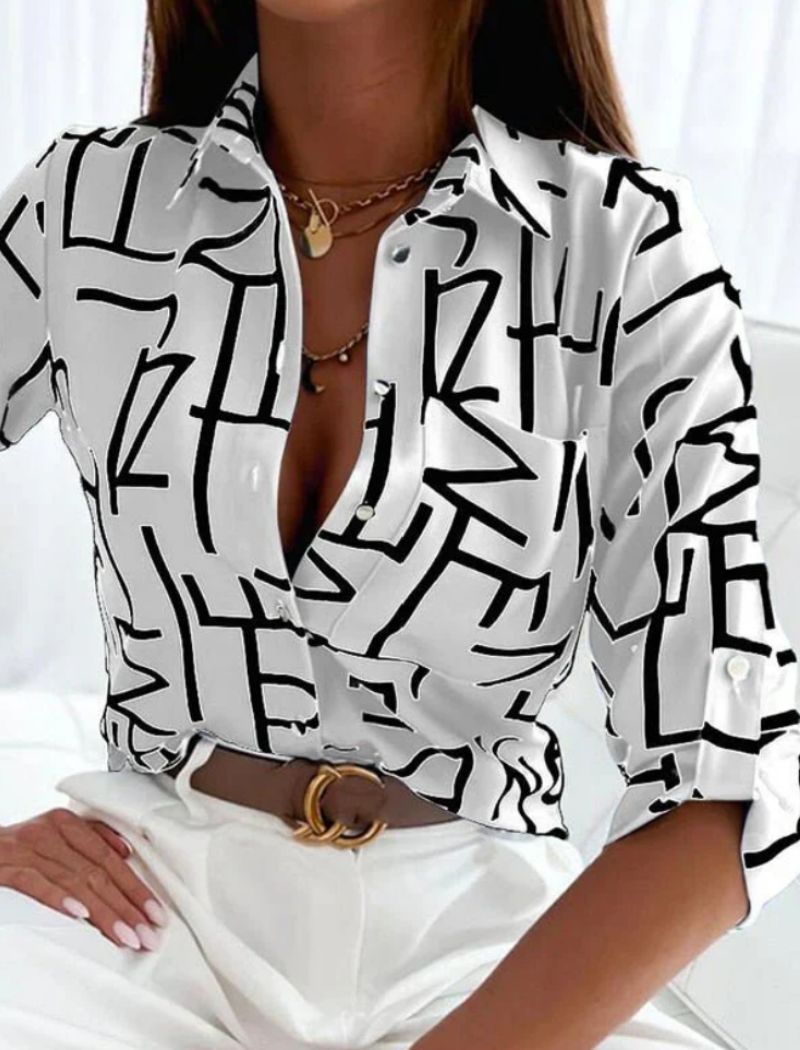 Dames Blouse Lange Mouw met Omgeslagen Kraag en Print Wit Zwart letters