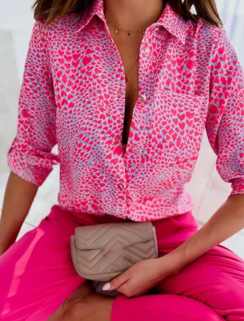 Dames Blouse Lange Mouw met Omgeslagen Kraag en Print Roze hartjes